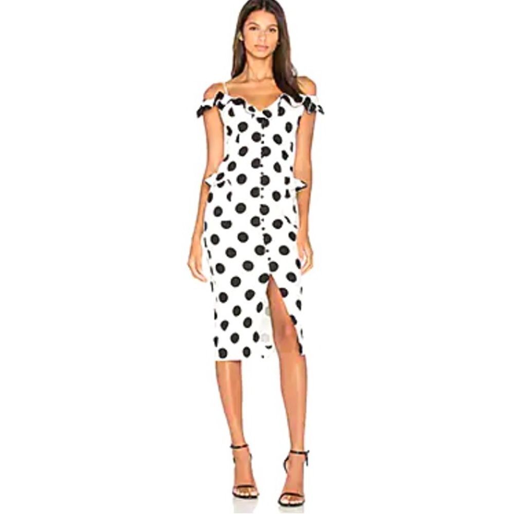 NICHOLAS Black Polka Dot on White Ruffled Midi Dress - Picture 5 of 16
